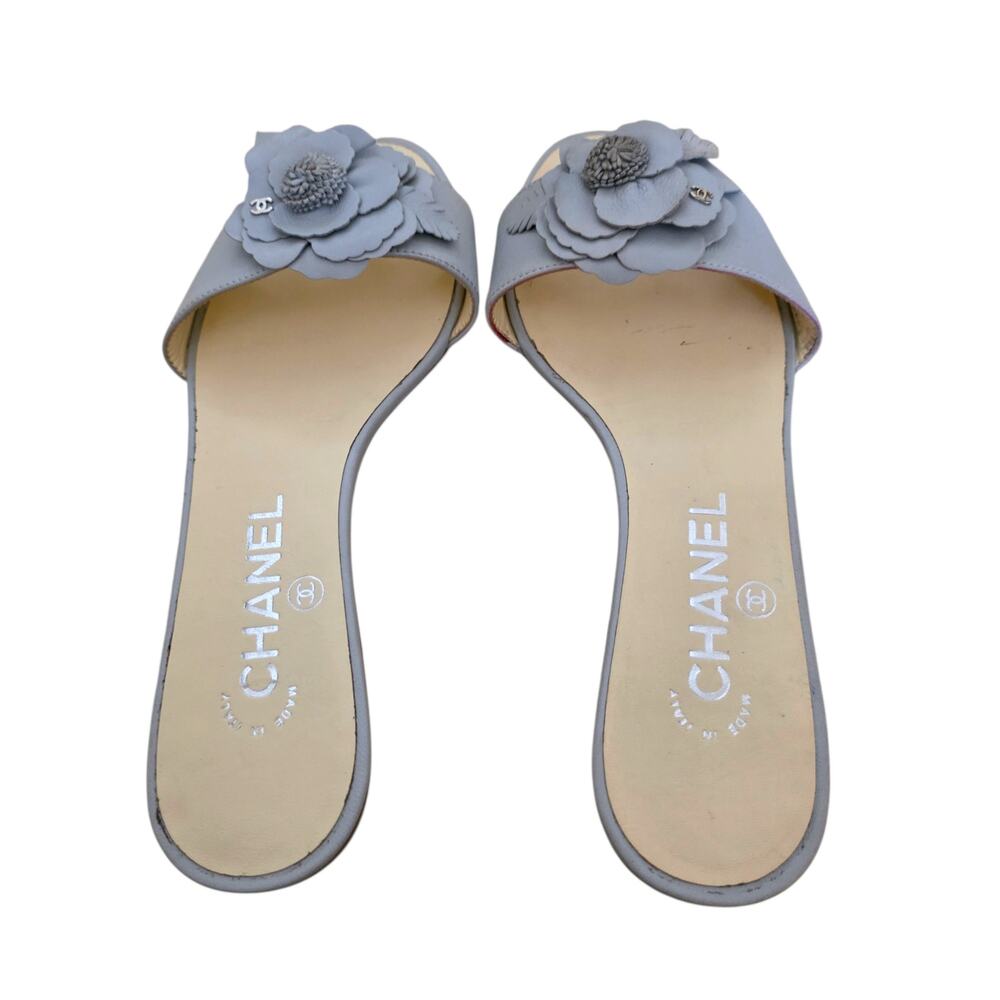 Chanel Blue Gray Leather CC Logo Camellia Flat Slide Sandals IT 36 US 5.5 - Picture 6 of 12